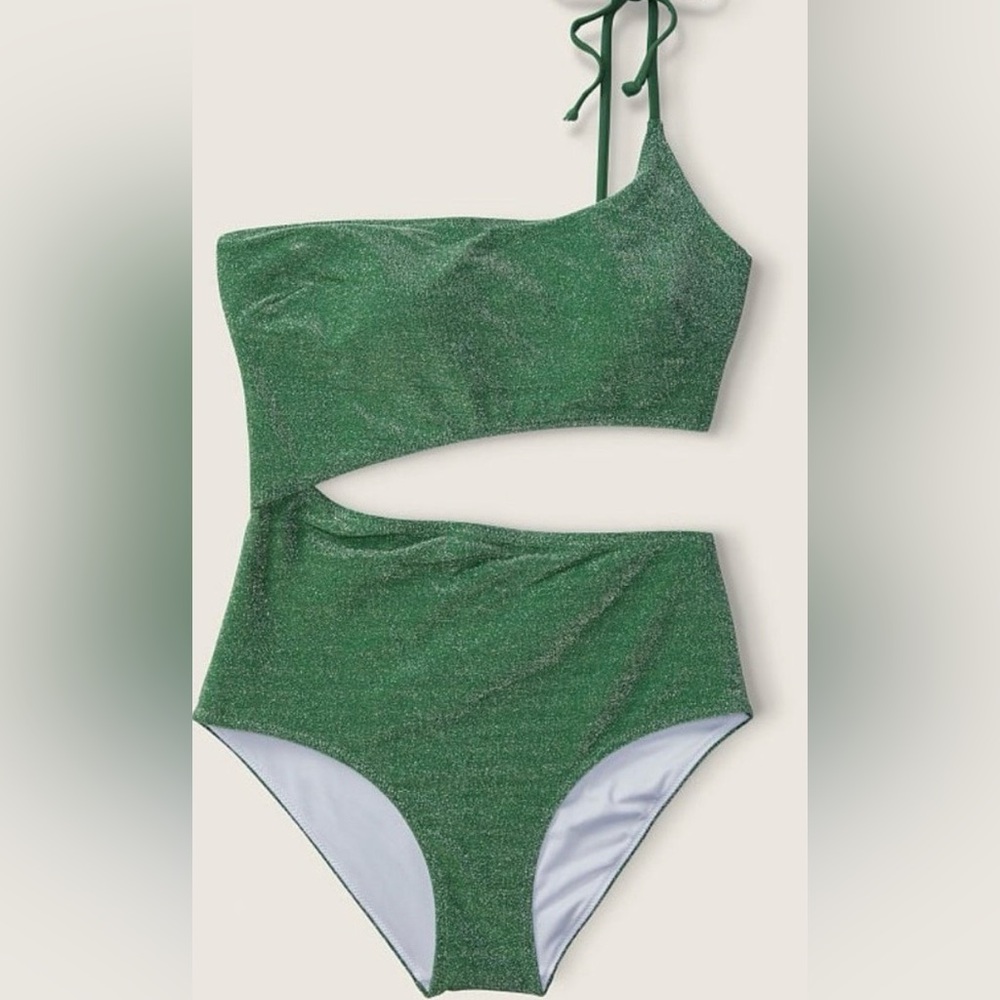 BNWT PINK by VS Green Shimmer One-Shoulder Cutout Swimsuit - Size S
